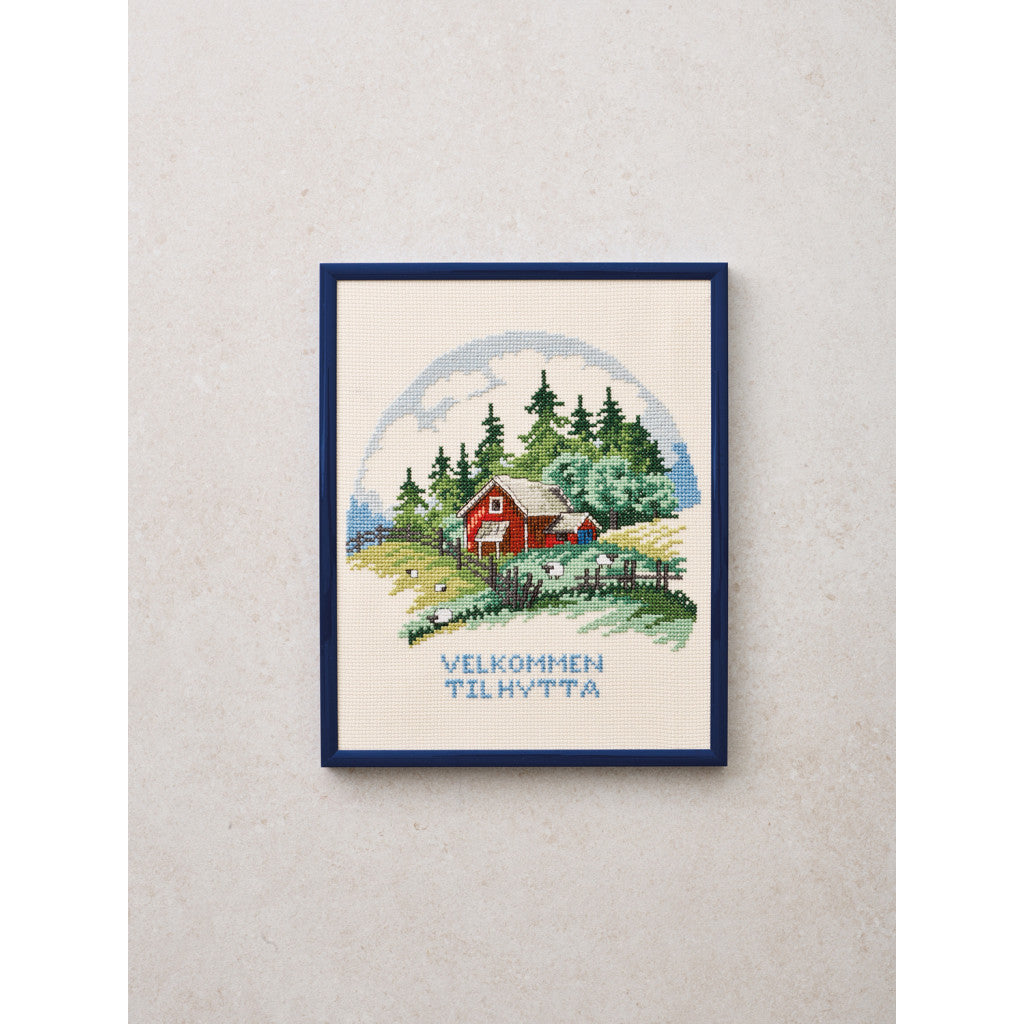 Korsstingsbroderi, Bilde - Hytte, 20x25cm