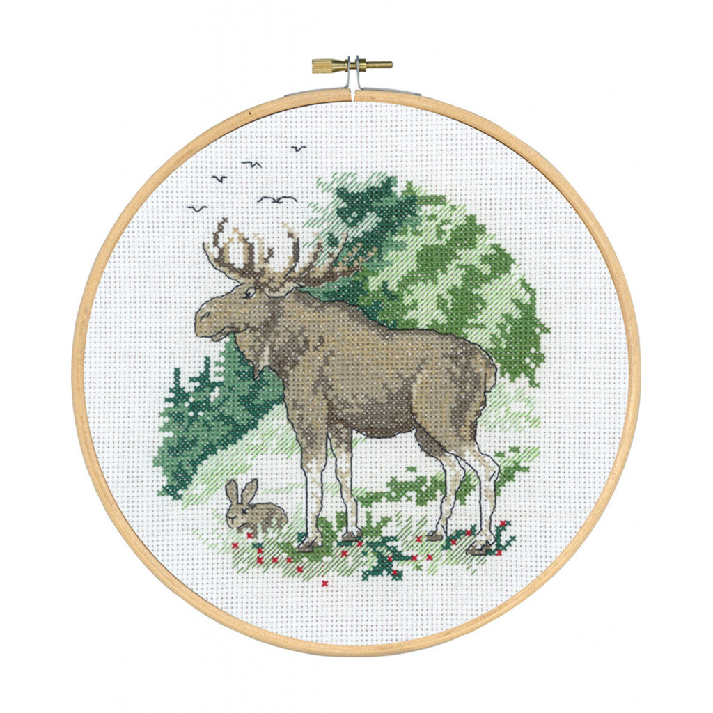 Korsstingsbroderi, Bilde - Elg & Kanin, Ø20cm