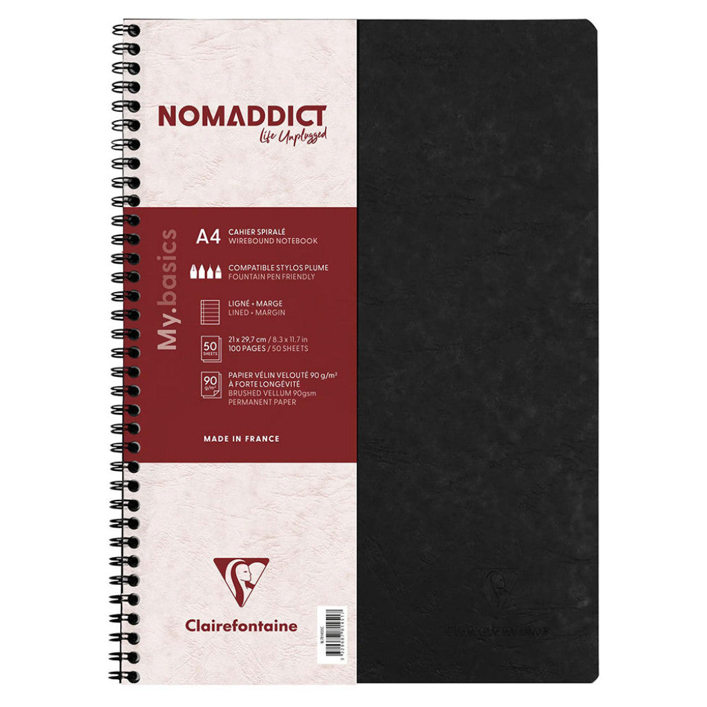 Nomaddict Notatbok Spiral A4 linjer m/marg - Sort