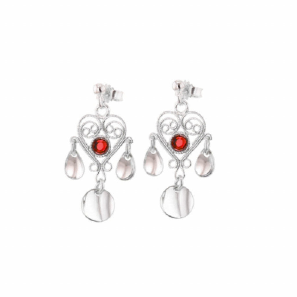 Øredobber Nostalgi Hjerte med Lauv - Rød Krystall / Sølv