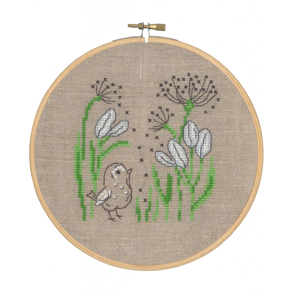 Permin Broderikit - Fugl ved blomst ø18 cm