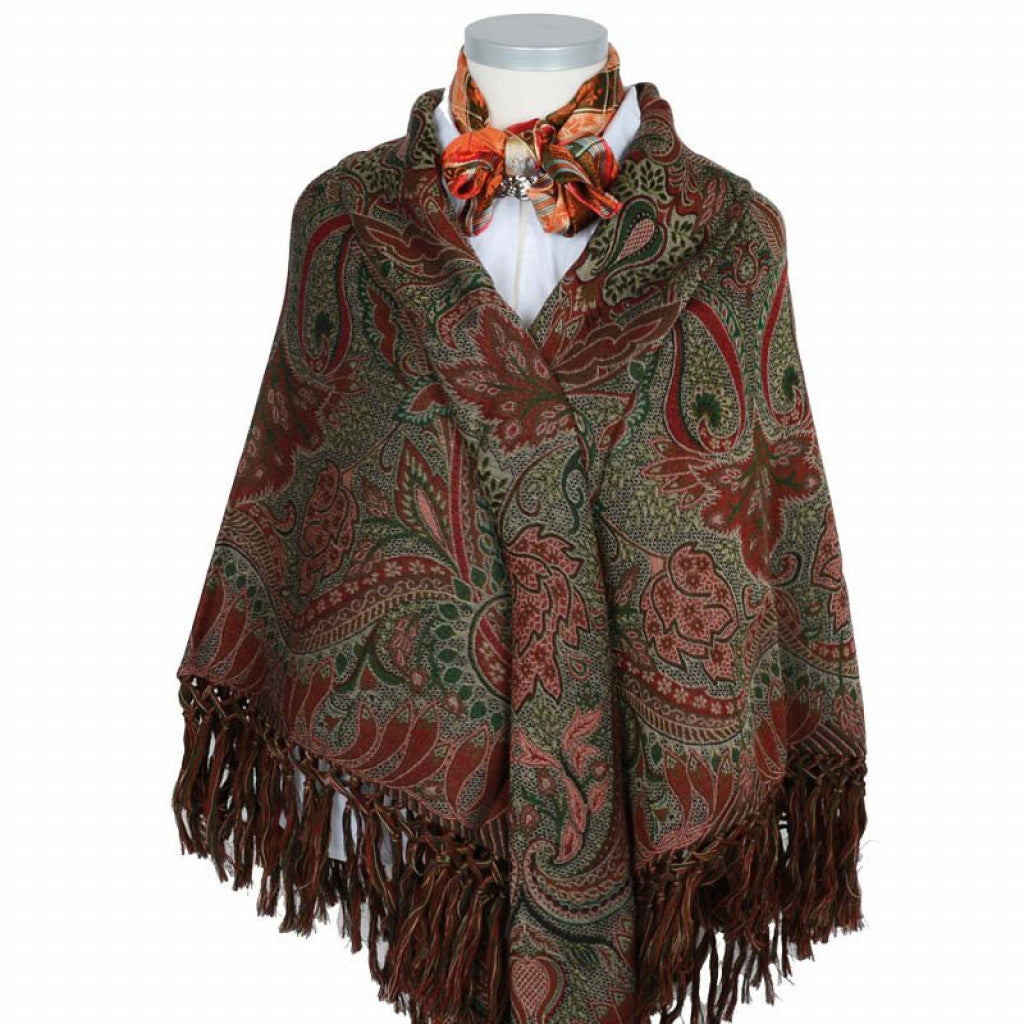 Wienersjal Frynset 140 x 140cm - Oransje/Grønn 009