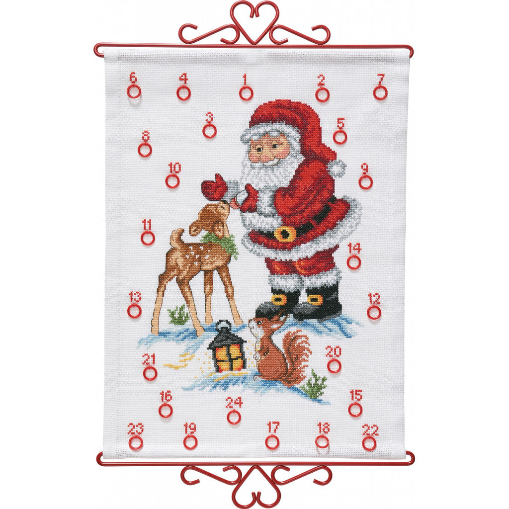 Korsstingsbroderi Adventskalender - Julenissen og Rådyret 32x43cm