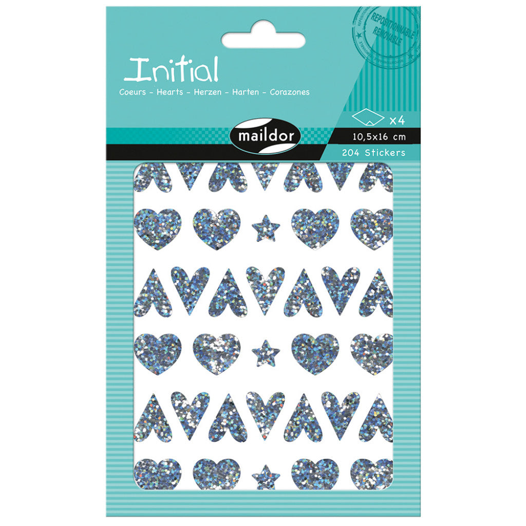 Initial Klistremerker - 4ark 2x2 design - Hjerter/stjerner