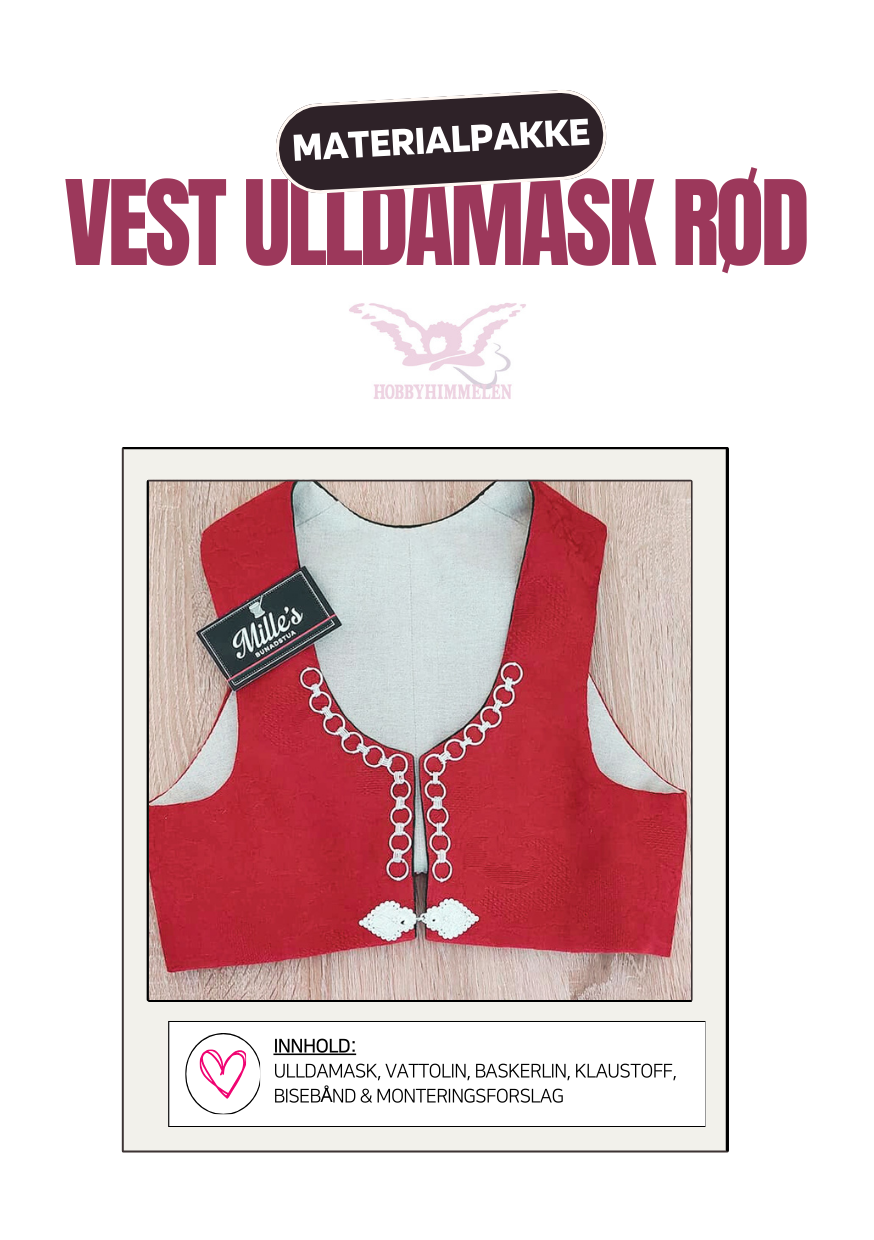 Materialpakke til Damevest, Vest Agder - Ulldamask Rød XS-L