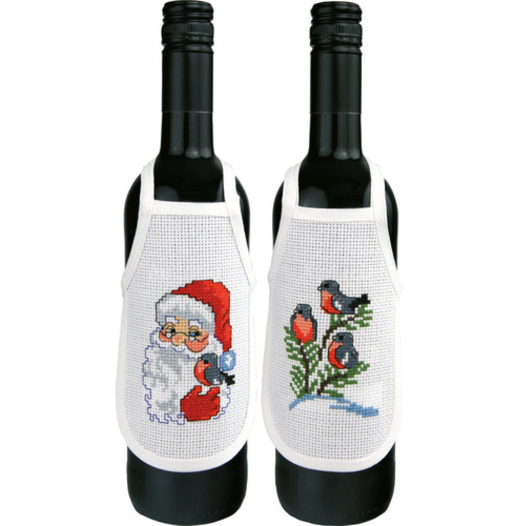 Korsstingsbroderi Flaskeforkle - Nisse & Dompapp 10x15cm, 2stk