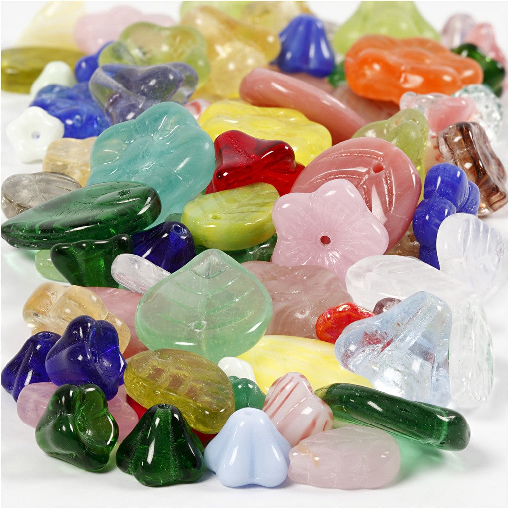 Glassperler - ass. Farger, blad, blomster, 60g