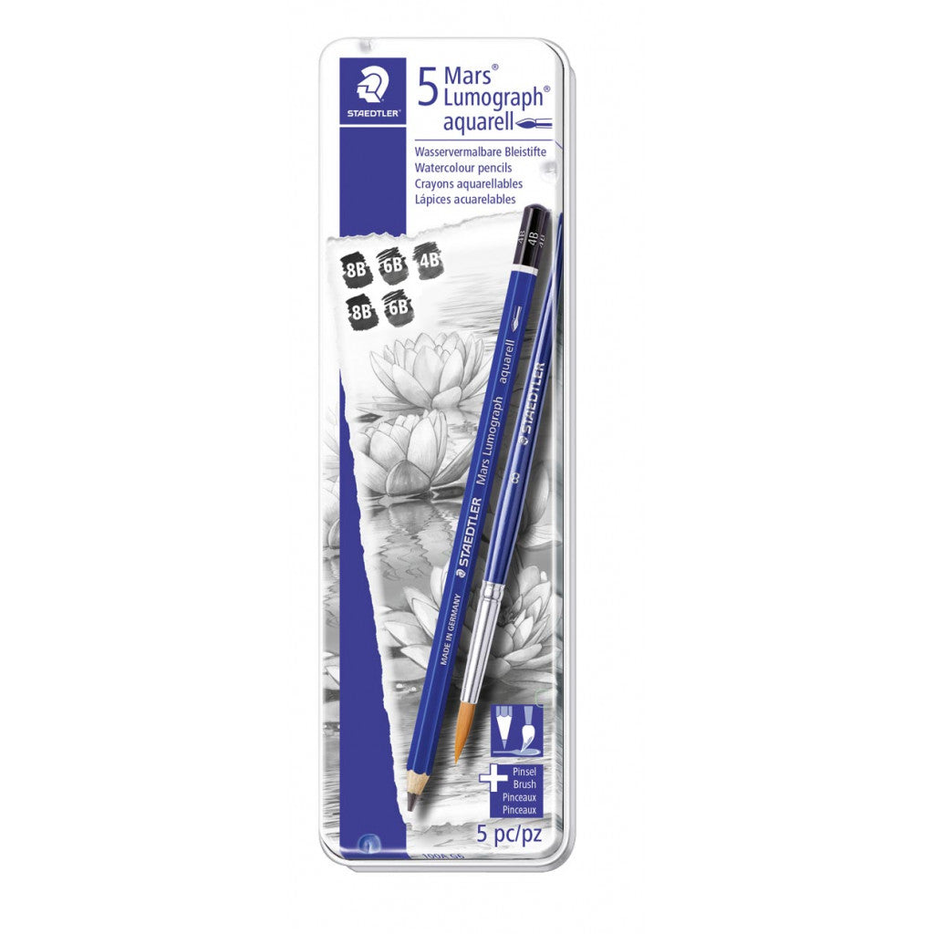 Staedtler - Mars Lumograph Aquarell Grafittblyant - 5 stk. + Pensel (8B–4B)
