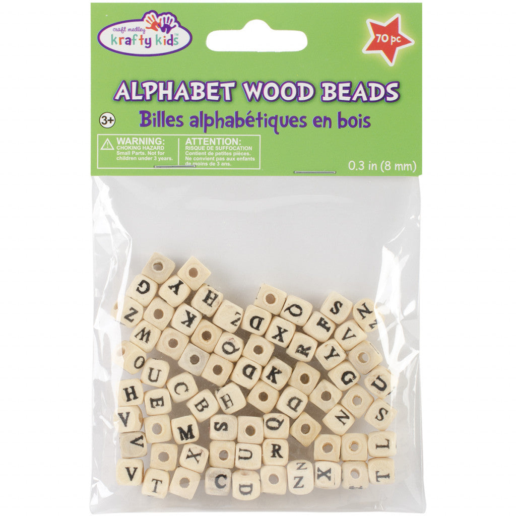 Wood Alphabet Beads 8mm 70stk - Natural