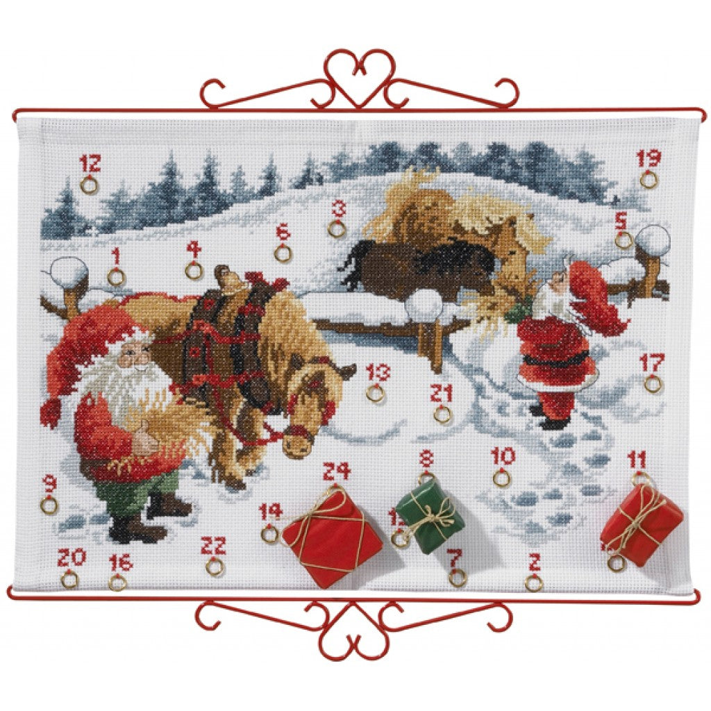 Korsstingsbroderi - Adventskalender Hest, 60x44cm