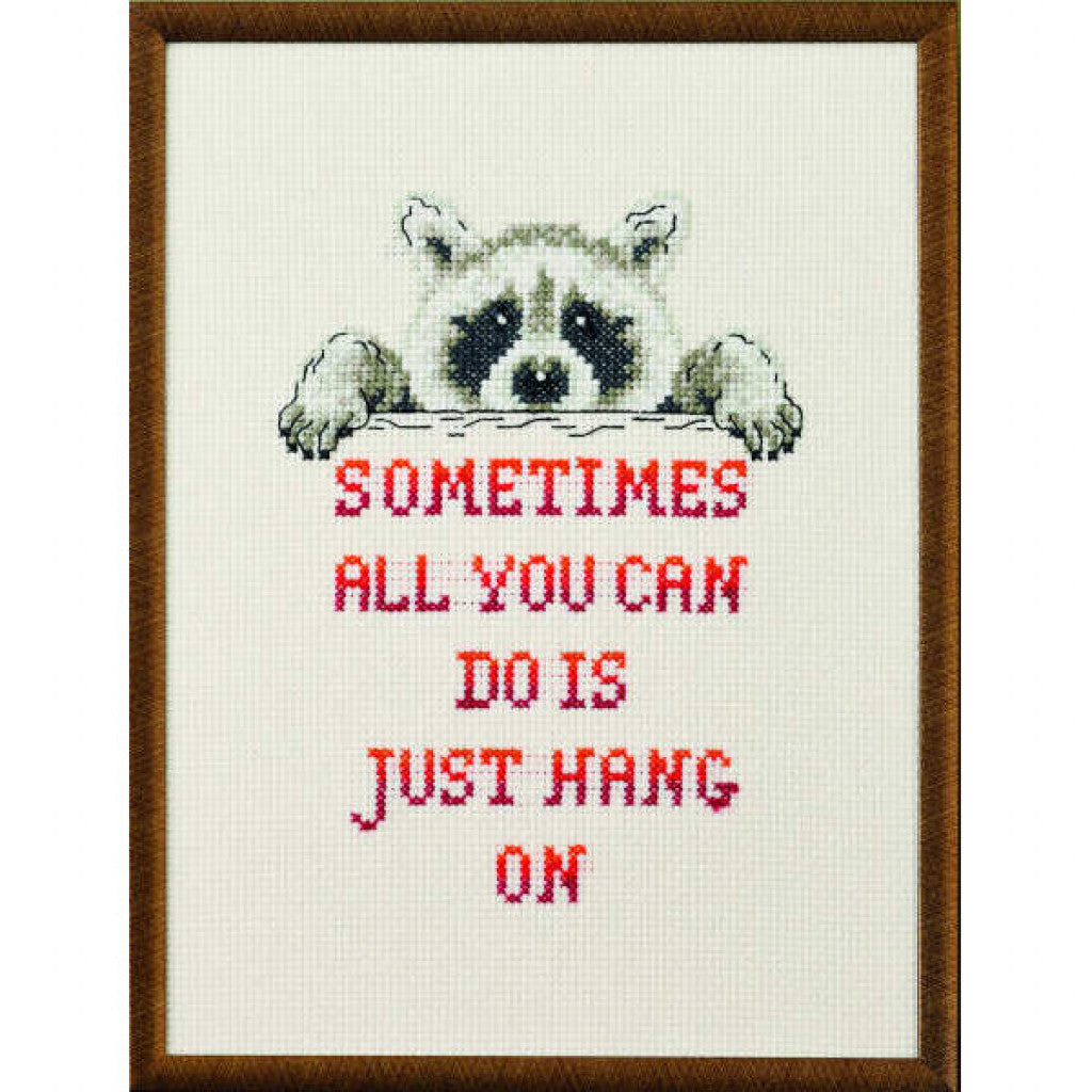 Korsstingsbroderi - Just Hang On, 18x24cm