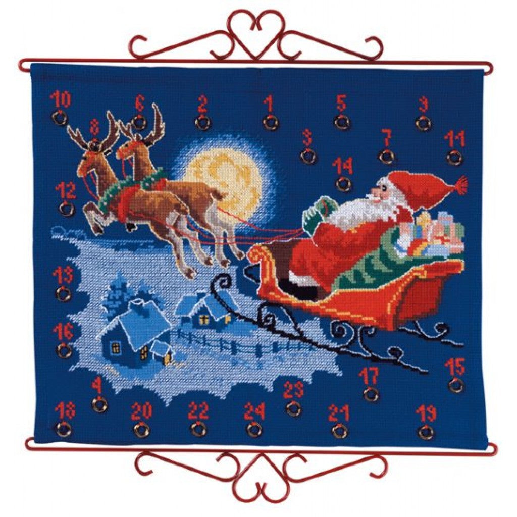 Korsstingsbroderi - Adventskalender Nissens Slede, 50x42cm