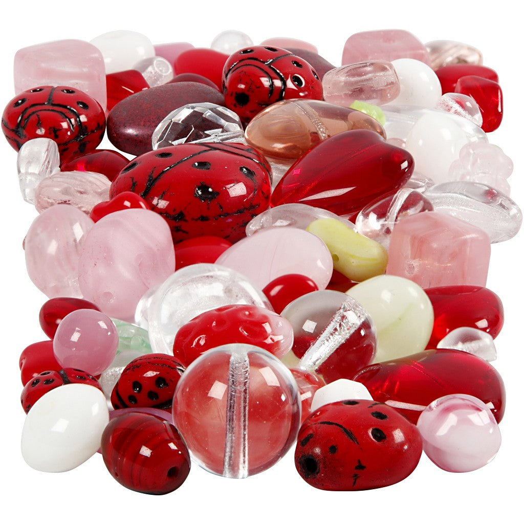 Glassperler, ass. Farger, marihøner, blad, hjerter, 5-22 mm, 0,5-1,5 mm, 60 g, 1 pk.