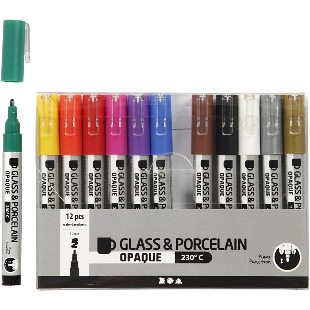 Glass- og porselenstusj - 12 assorterte farger - 1-2mm