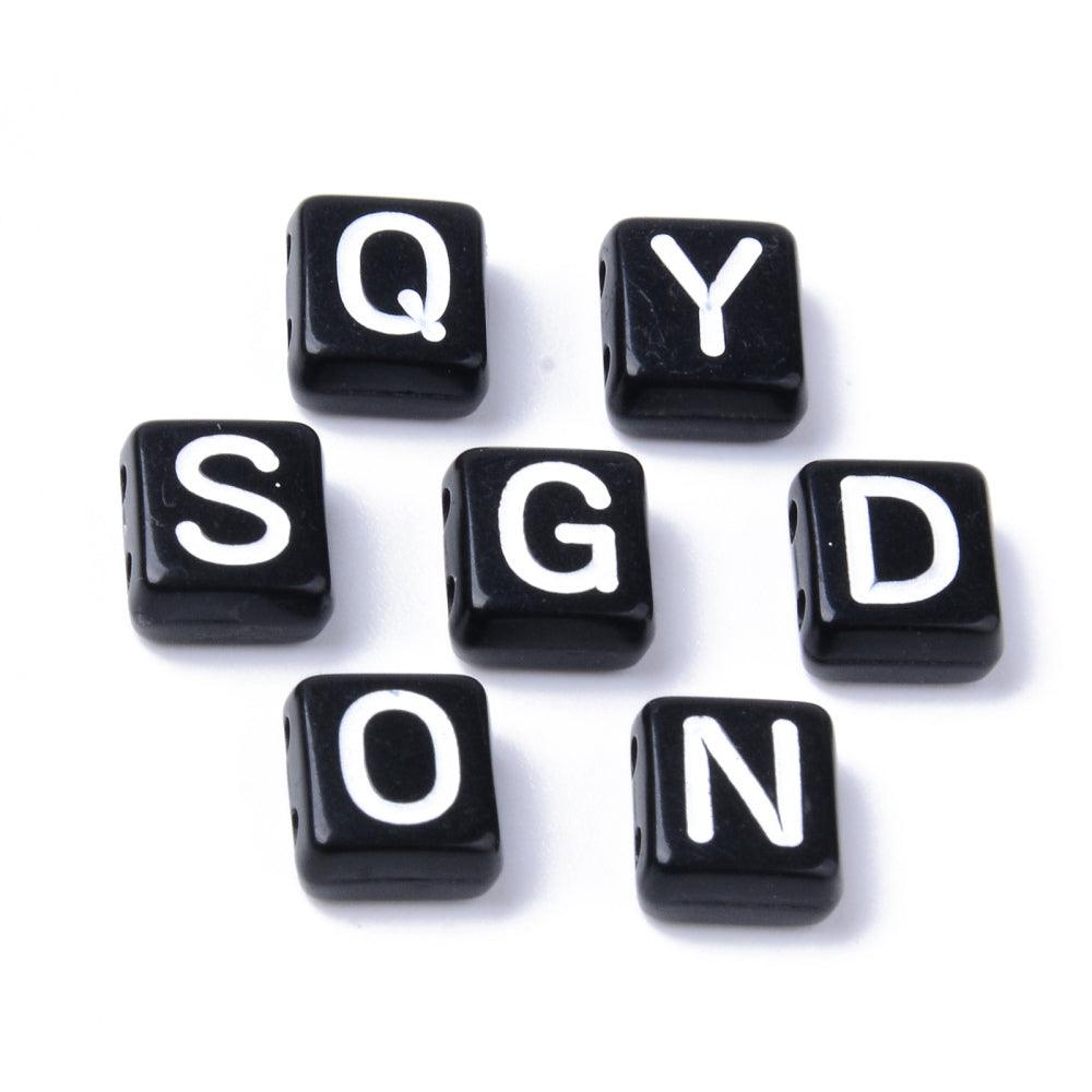 Alfabetperler Flat Rektangel 8.5x7.5mm (2 hull) - Hvit på Svart - HobbyHimmelen