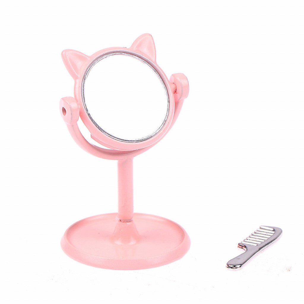 #1 Miniatyr 43mm - Sminkespeil med Kamb, Rosa Katt