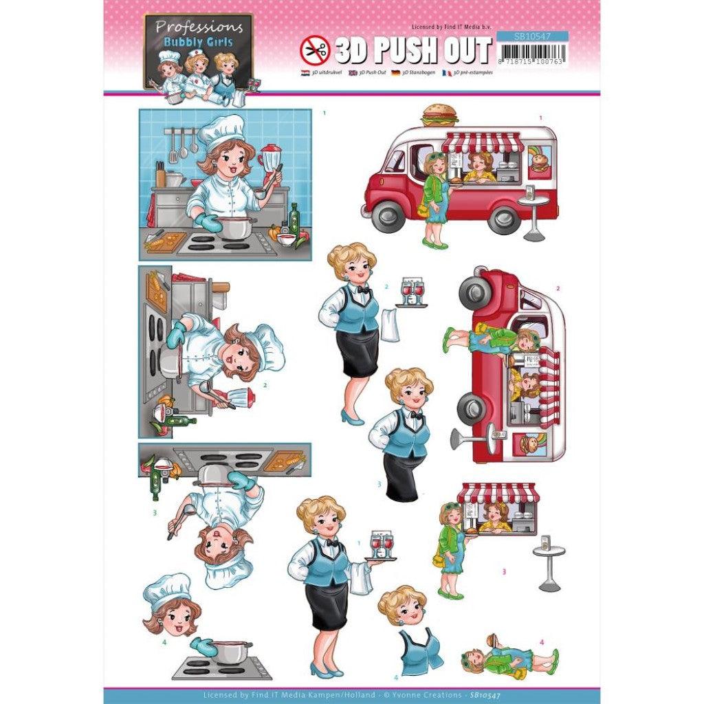 3D-kort - Find It Trading Yvonne Creations Punchout Sheet - Catering, Bubbly Girls Professions - HobbyHimmelen