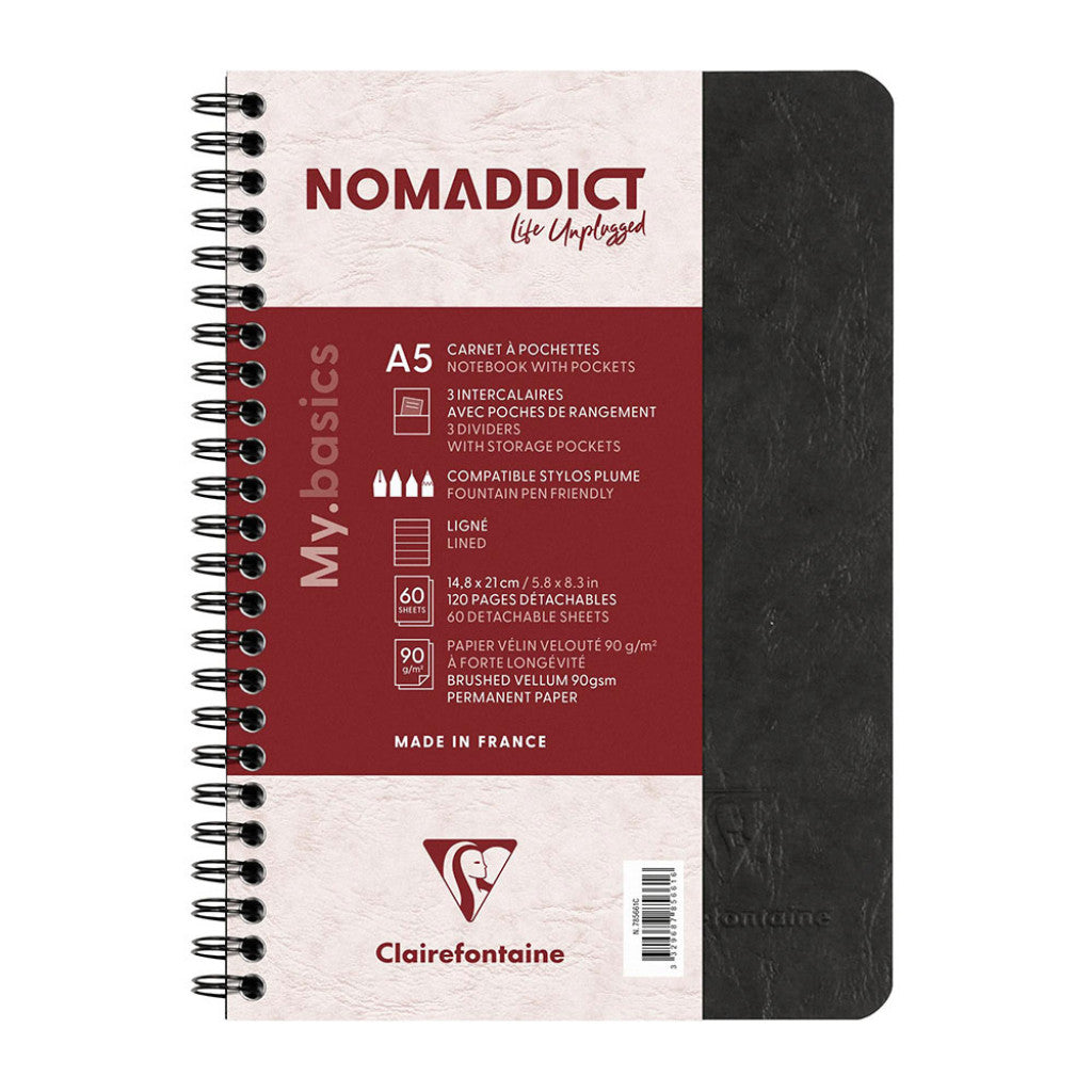 Nomaddict Notatbok Spiral A5 linjer - 3 lommer - Sort