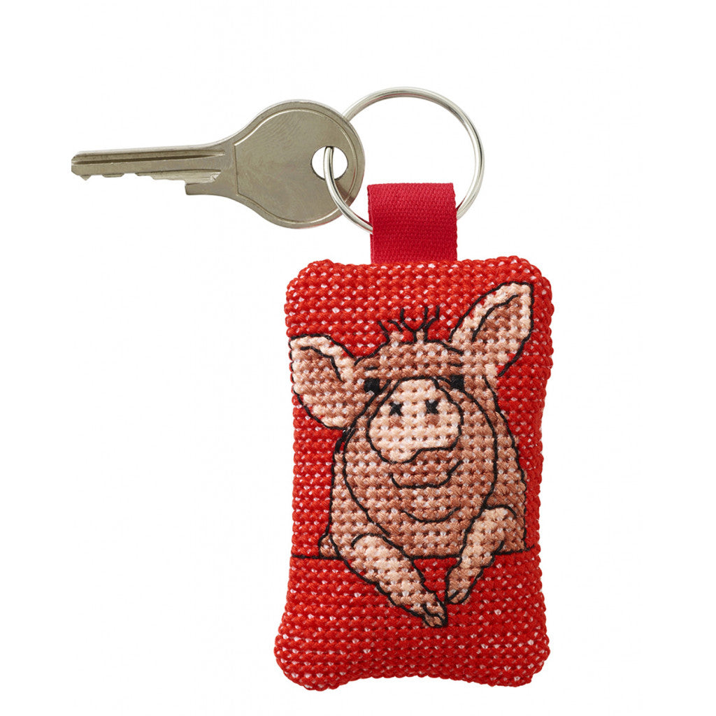 Korsstingsbroderi Nøkkelring - Gris 5x7cm