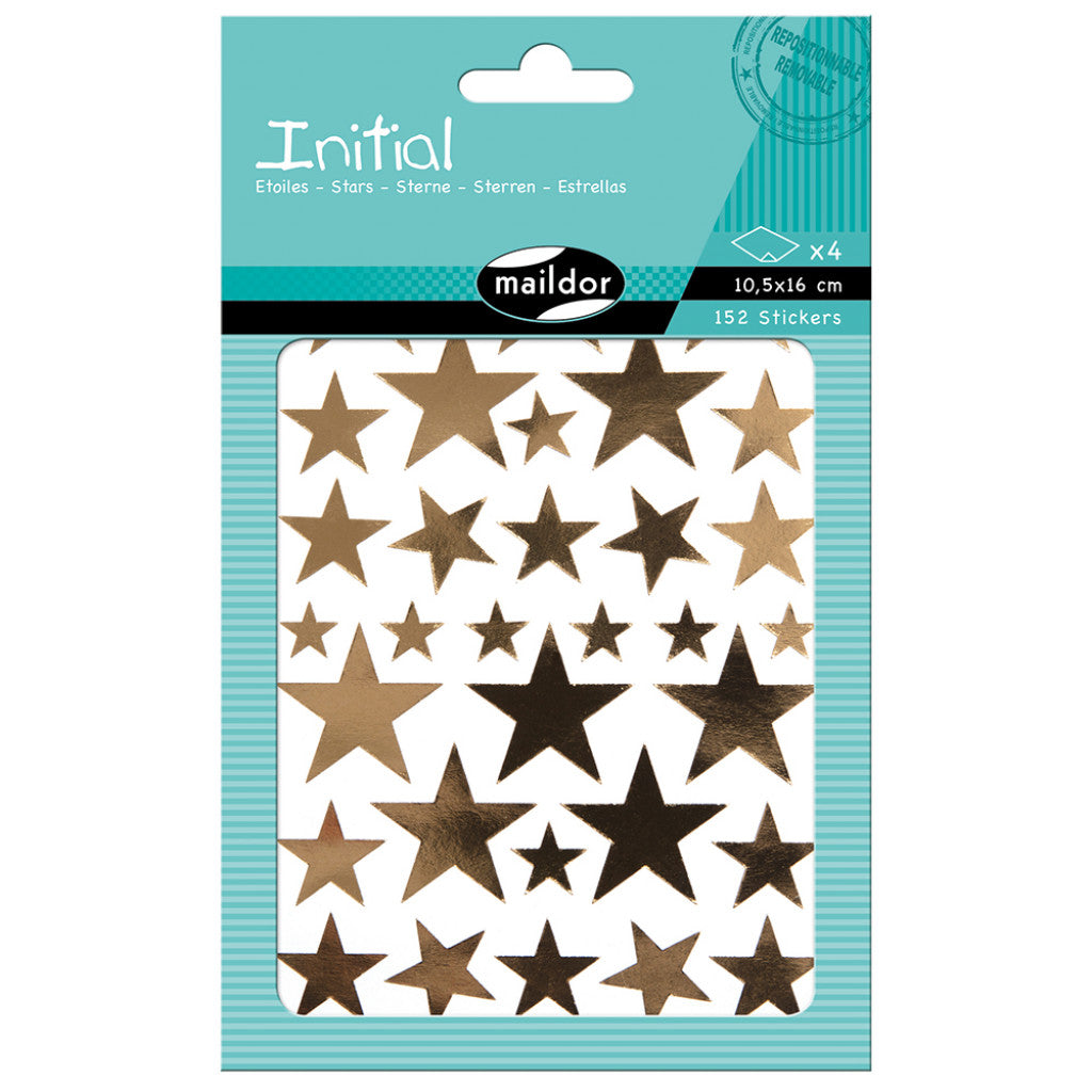 Initial Klistremerker - 4ark 2x2 farge - Stjerner gull/sølv