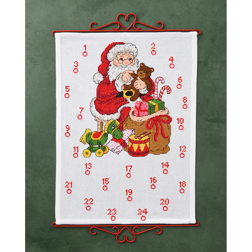 Korsstingsbroderi- Adventskalender Julenisse med Bamse, 40x50