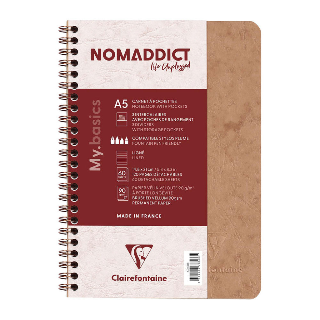 Nomaddict Notatbok Spiral A5 linjer - 3 lommer - Brun
