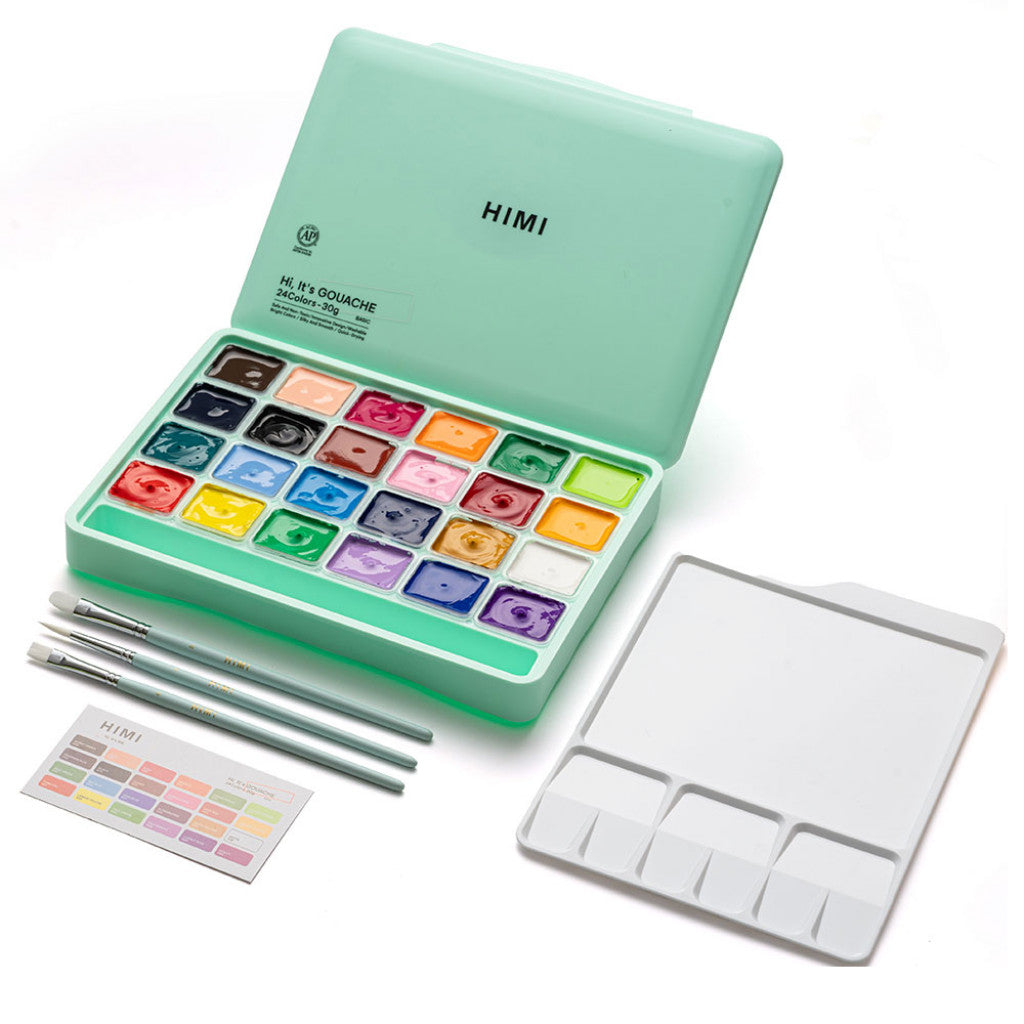 HIMI Jelly Cup Gouache Sett Grønn - 24stk + 3 pensler