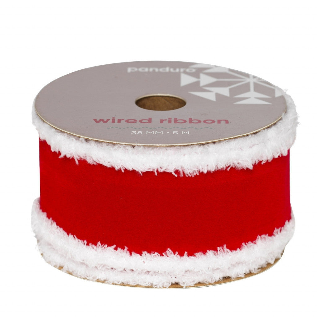 Rødt bånd med hvit, fluffy kant - 38mm X 5m
