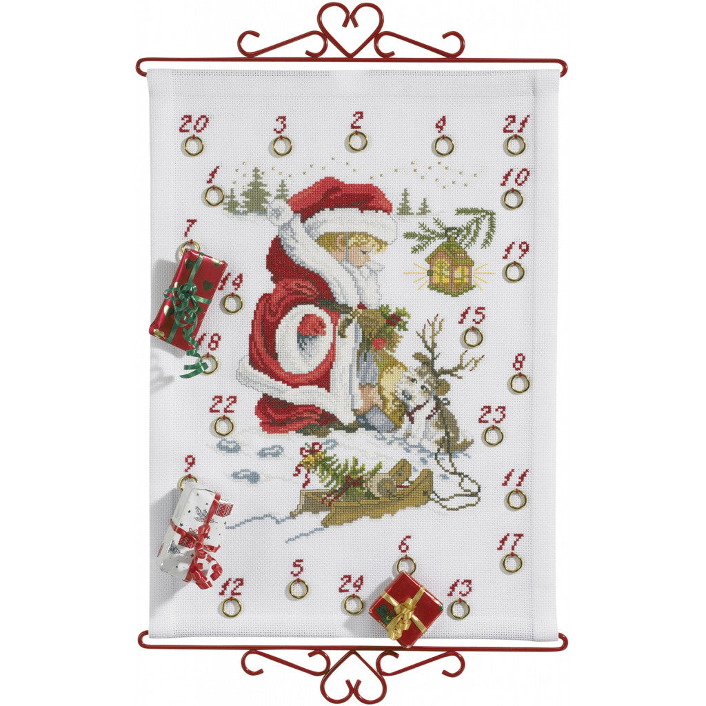 Korsstingsbroderi Adventskalender - Gutt med Hund, 32x45cm