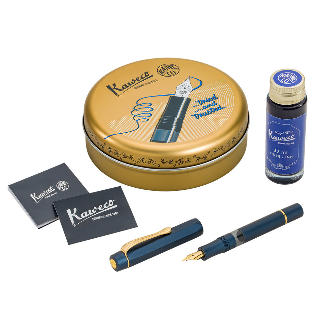 Kaweco Piston Sport Al Fyllepenn Set - F 0.7mm Navy/Gold