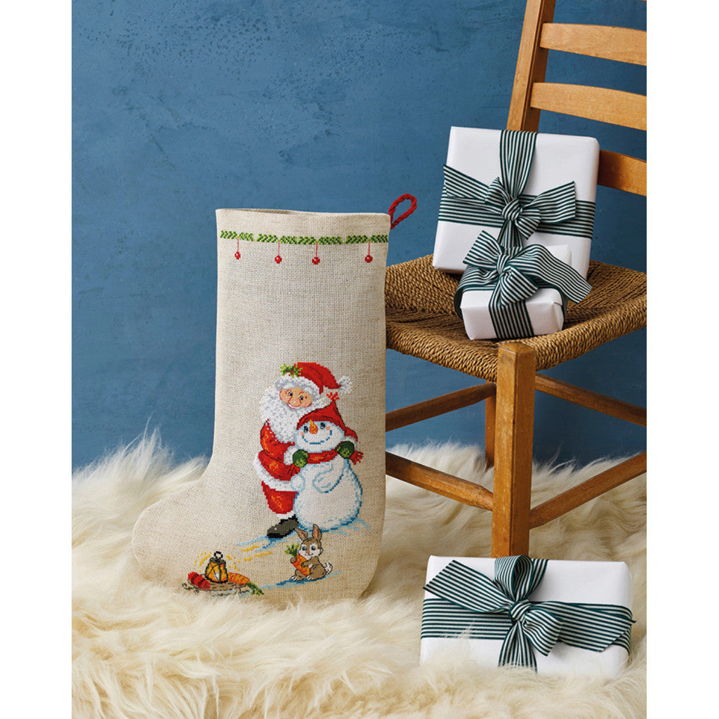 Korsstingsbroderi, Julestrømpe - Nisse & Snømann, 28x44cm