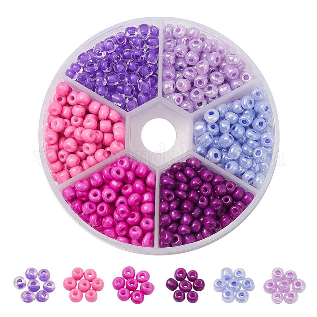 #1 Sett med Seed Beads i 6 Farger 6/0 (4mm) - Lilac Mix, ca 1440stk.