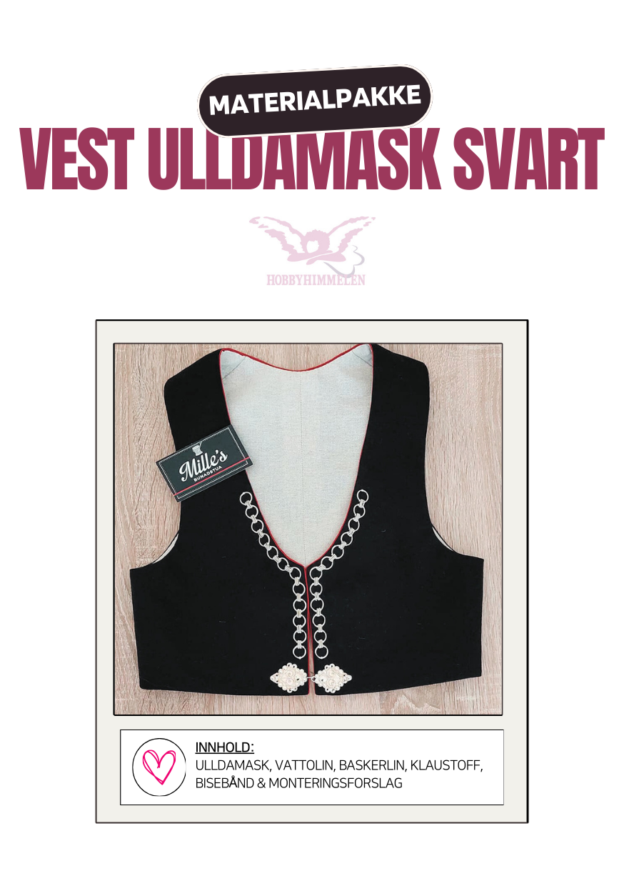 Materialpakke til Damevest, Vest Agder - Ulldamask Svart XS-L
