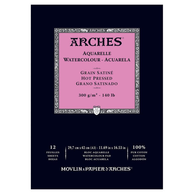 Arches Akvarellblokk Grain satine (Hot pressed), A3 - HobbyHimmelen