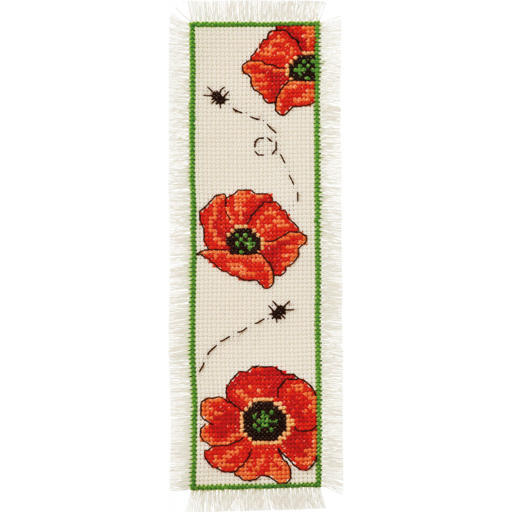 Korsstingsbroderi - Bokmerke, Valmuer 7x22cm