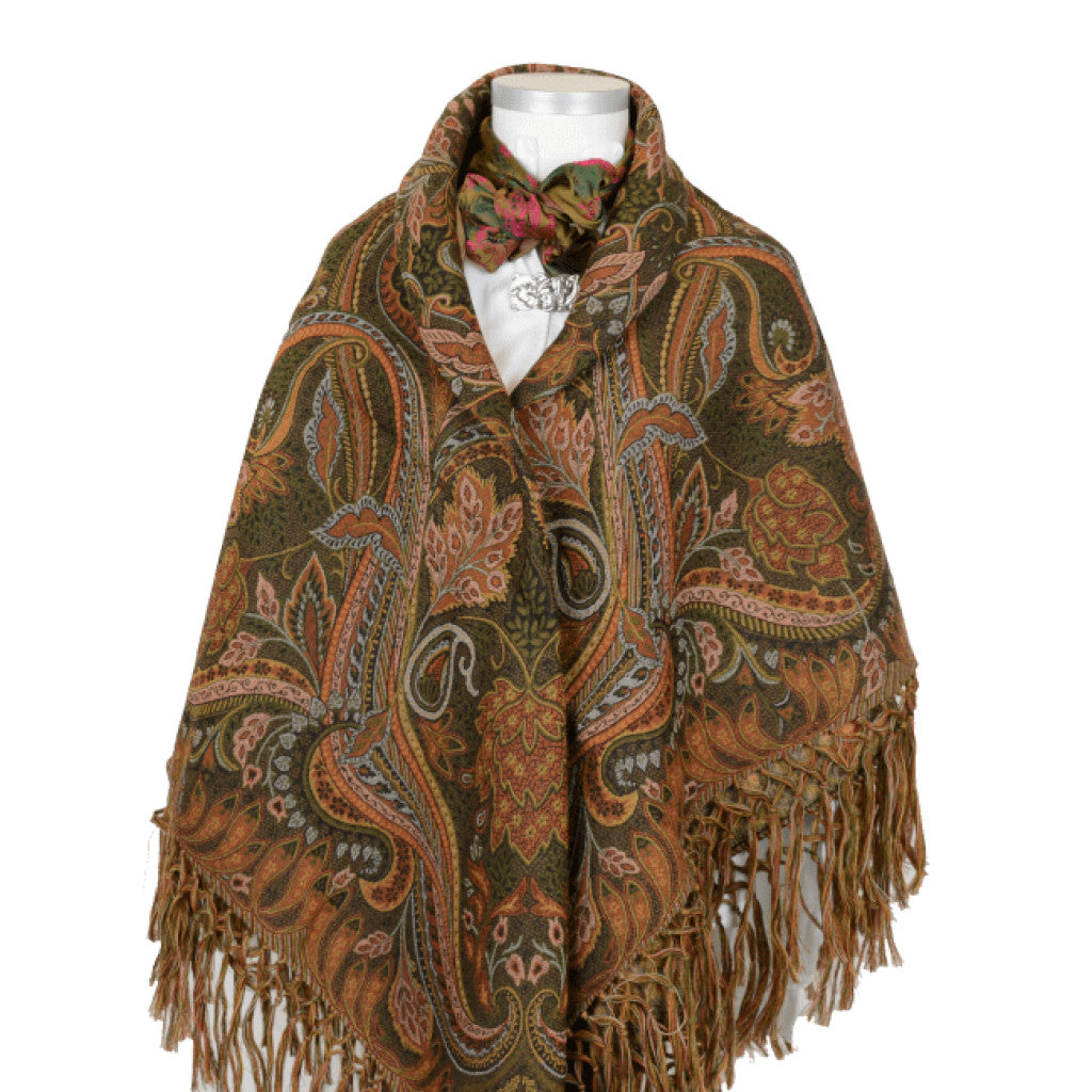 Wienersjal Frynset 140 x 140cm - Oliven/Oransje 020