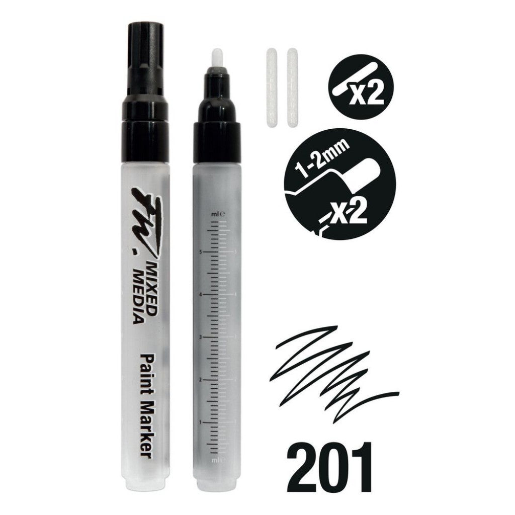FW Marker (tomme markers) sett med 2x1-2mm filtspiss m/ ekstra spisser (6ml beholder).