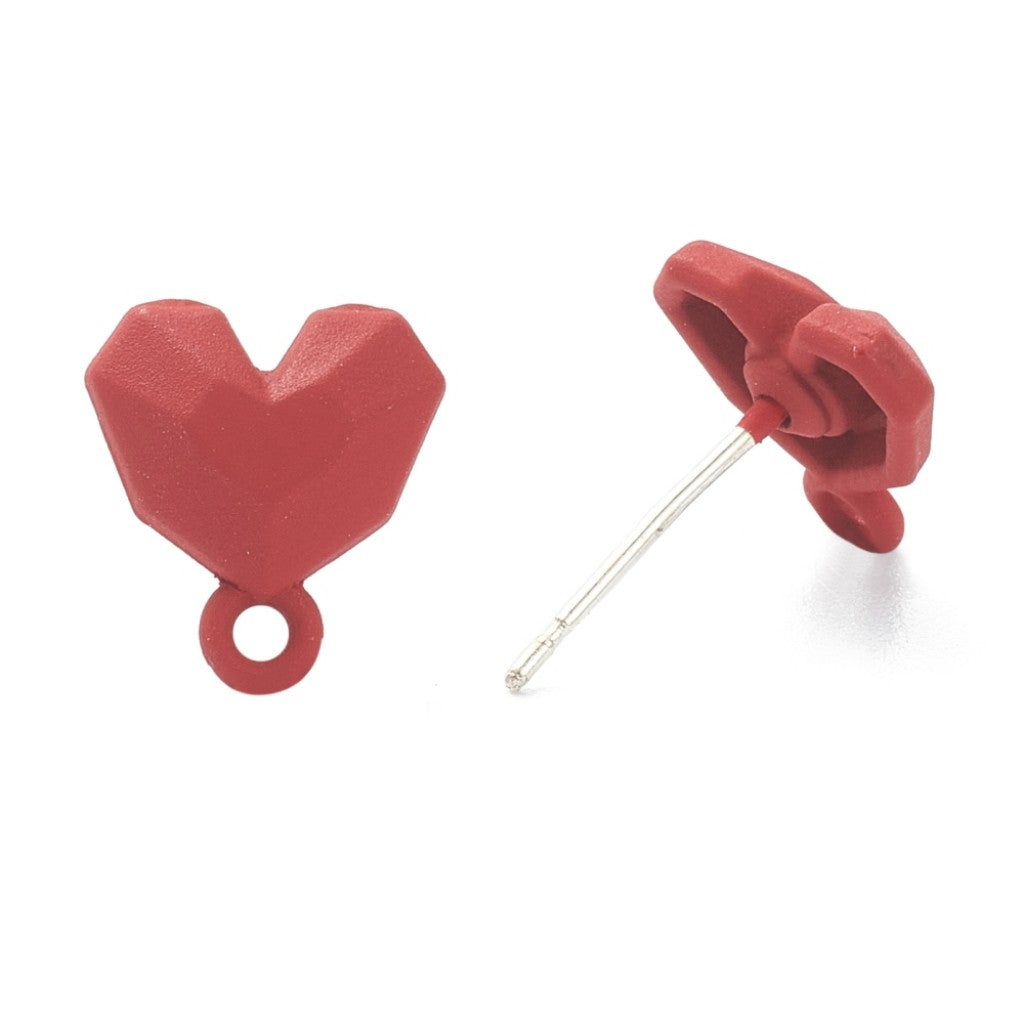 Ørestift Geometrisk Hjerte med Ring, 11mm, 4stk - Rød