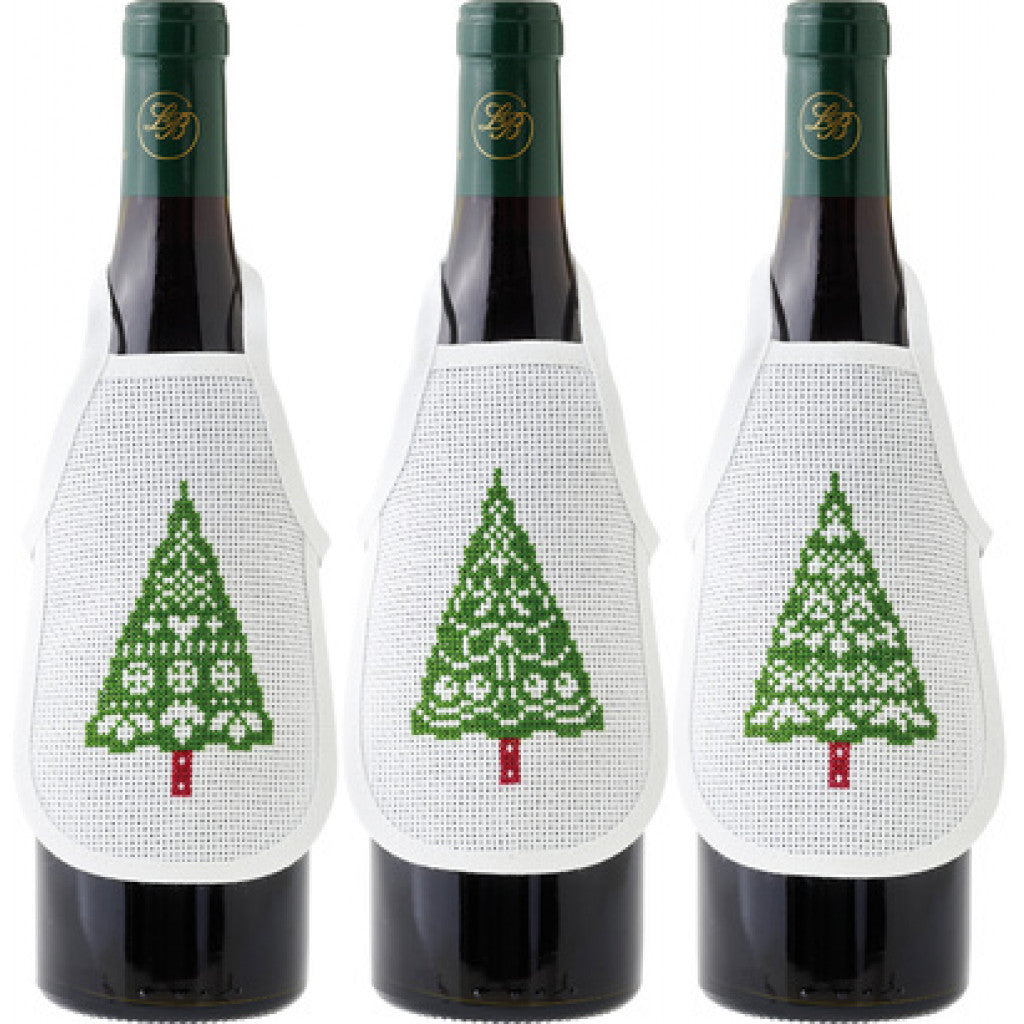 Korsstingsbroderi Flaskeforklede - 3 x Juletrer, 10x15cm