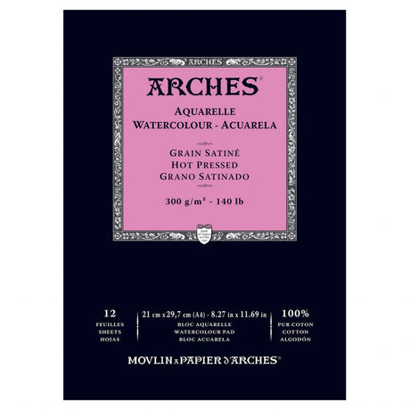 Arches Akvarellblokk Grain satine (Hot pressed),  A4 - HobbyHimmelen