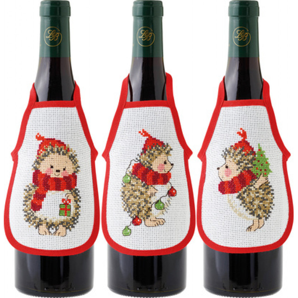 Korsstingsbroderi Flaskeforklede - 4 x Pinnsvin 10x15cm