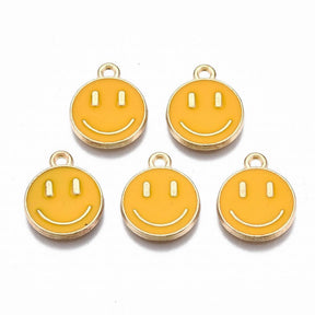 Charm Emalje Smiley, 14x12mm, 6stk - Gul & Gull - HobbyHimmelen