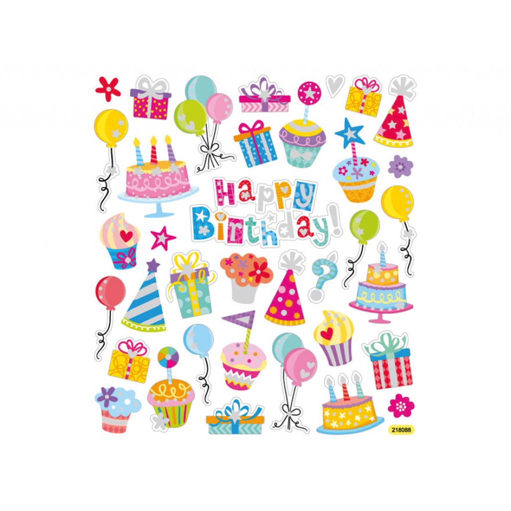 Klistremerker - Bursdag m/glitter