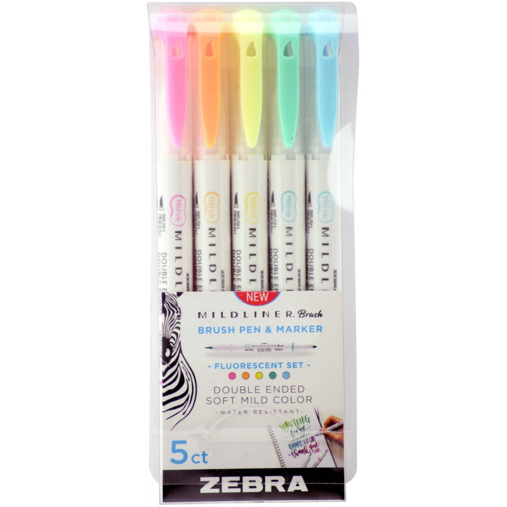 Zebra Mildliner Double Ended Brush Pen & Marker 5/Pkg-Fluorescent