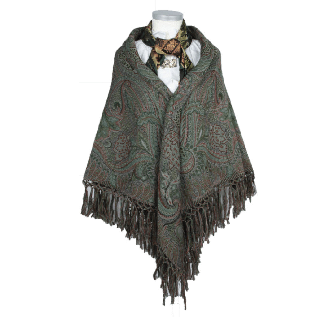 Wienersjal Frynset 140 x 140cm - Oliven/Blå 008