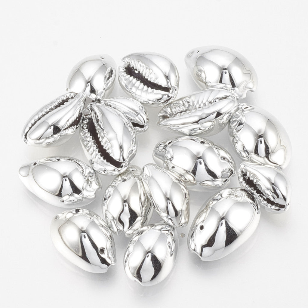 Cowrie Skjell-anheng, 17x10mm, 6stk - Electroplated Silver
