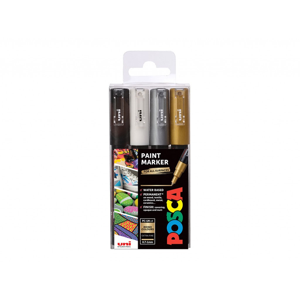 Uni POSCA PC-1M - Extra-Fine 0,7-1mm - Sett Mono/Metallic 4s