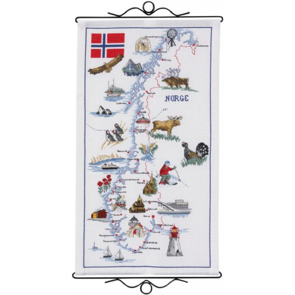 Korsstingsbroderi - Norgeskart, 32x58cm