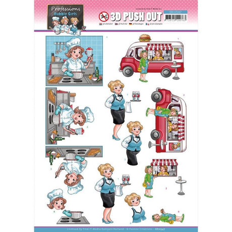3D-kort - Find It Trading Yvonne Creations Punchout Sheet - Catering, Bubbly Girls Professions - HobbyHimmelen