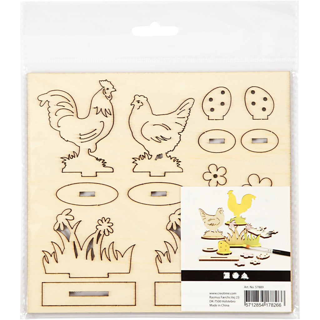 Sett sammen-selv trefigurer, høner og blomster, L: 15,5 cm, B: 17 cm, kryssfiner, 1pk., tykkelse 3 mm